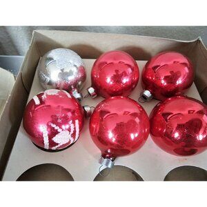 Coby Set Of 6 Red & Silver Christmas Ornaments Vintage 2"